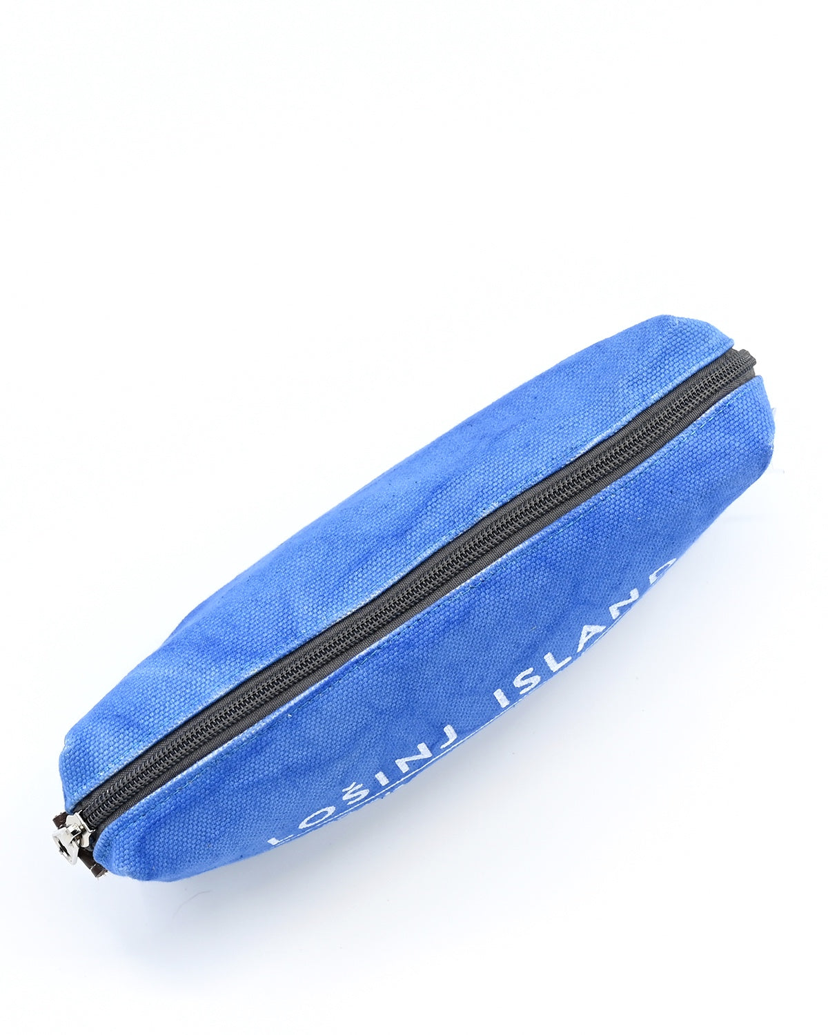 Sky blue box-shaped cotton canvas pencil case with splash-proof lining and Lošinj Island coordinates. Top view showing zipper.