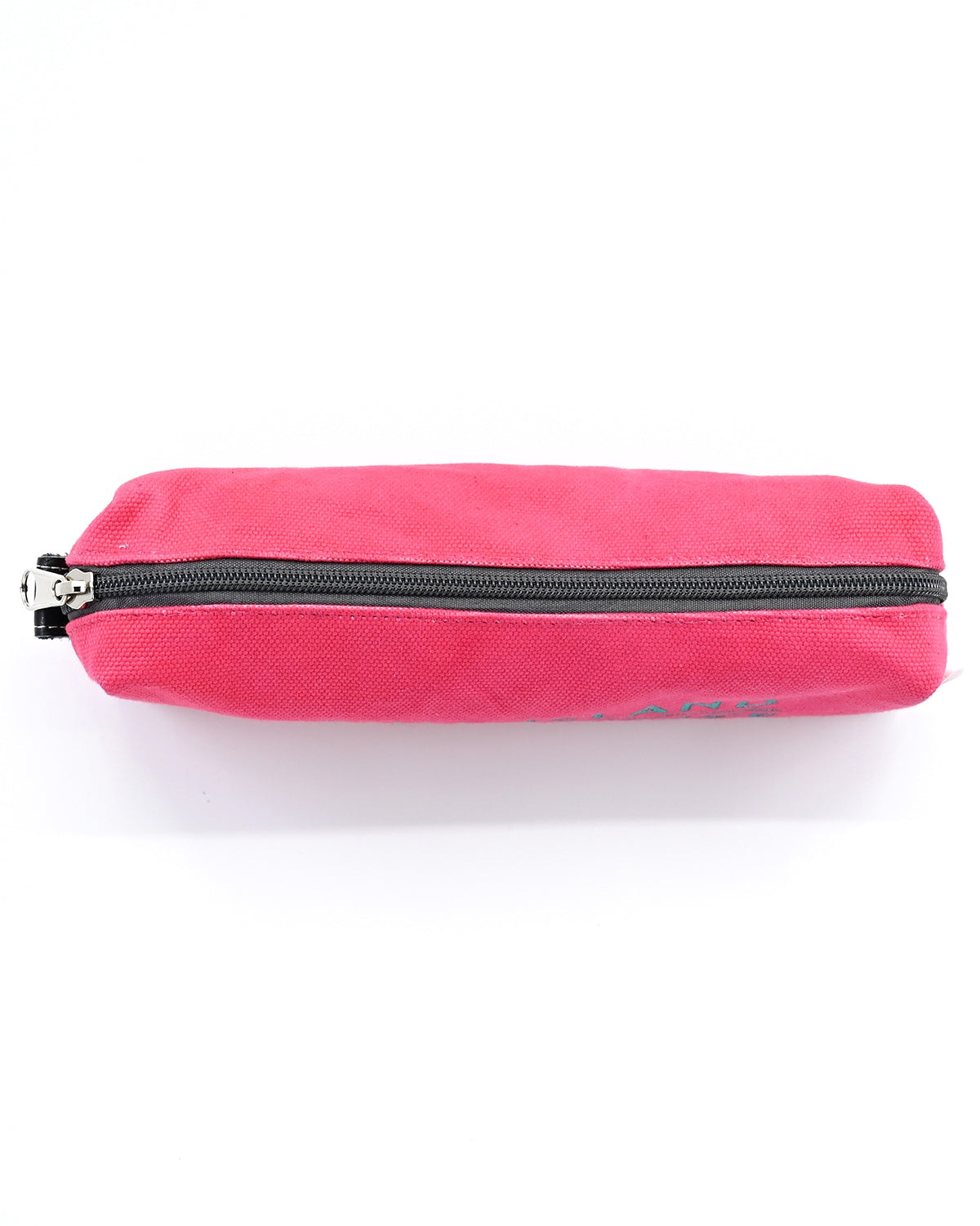 Pink box-shaped cotton canvas pencil case with splash-proof lining and Lošinj Island coordinates, view from the top showing the zipper. 