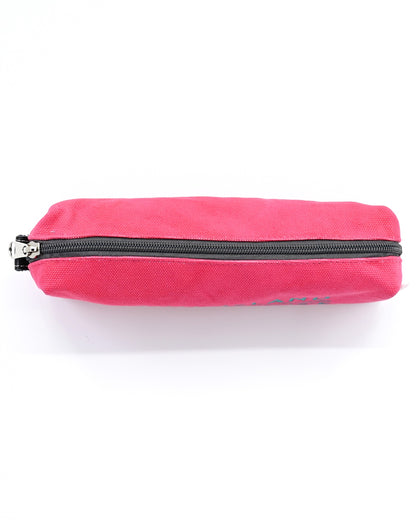 Pink box-shaped cotton canvas pencil case with splash-proof lining and Lošinj Island coordinates, view from the top showing the zipper. 
