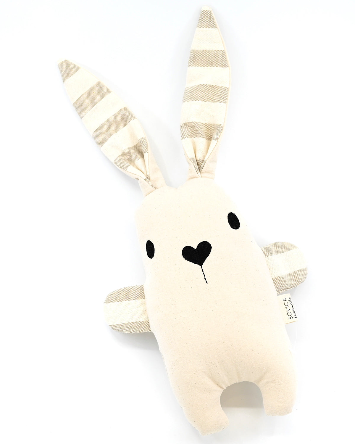 Soft rabbit toy by Croatian designer Sovica, made from cotton nautical stripes or African wax fabric and suitable for babies and children.