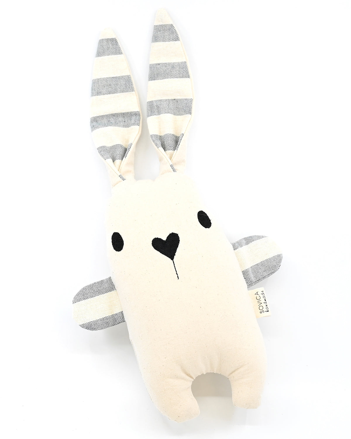 Soft rabbit toy by Croatian designer Sovica, made from cotton nautical stripes or African wax fabric and suitable for babies and children.