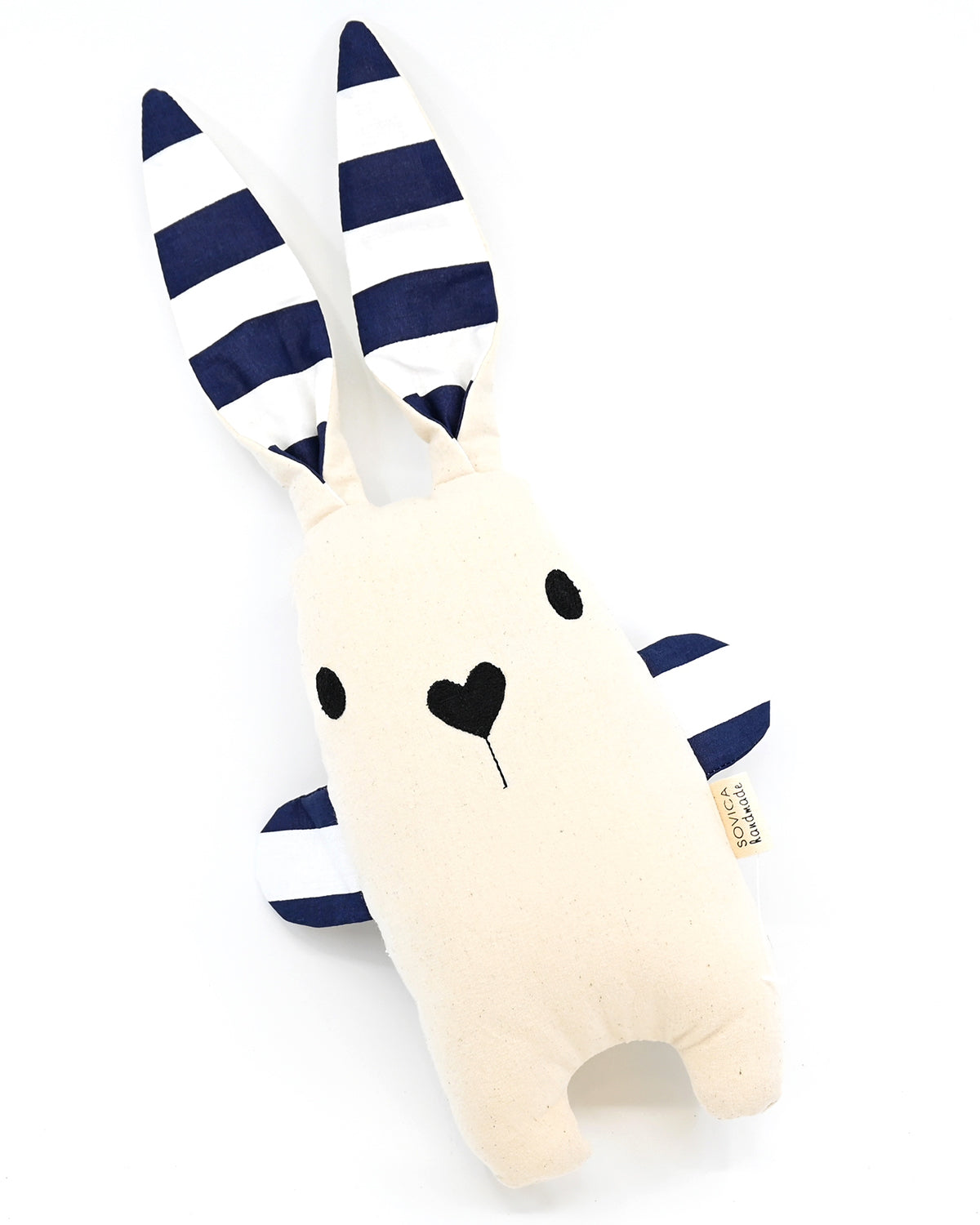 Soft rabbit toy by Croatian designer Sovica, made from cotton nautical stripes or African wax fabric and suitable for babies and children.