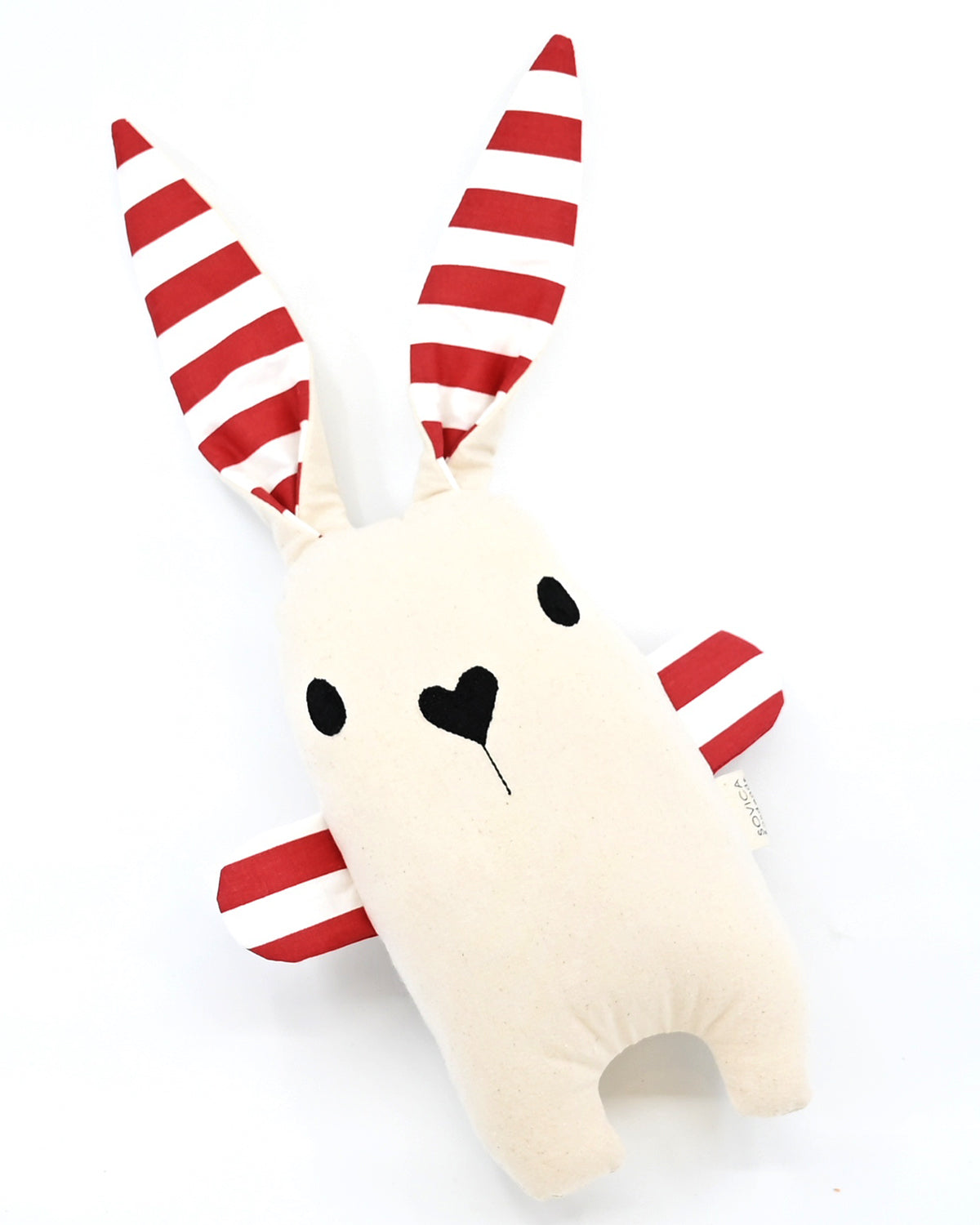 Soft rabbit toy by Croatian designer Sovica, made from cotton nautical stripes or African wax fabric and suitable for babies and children.