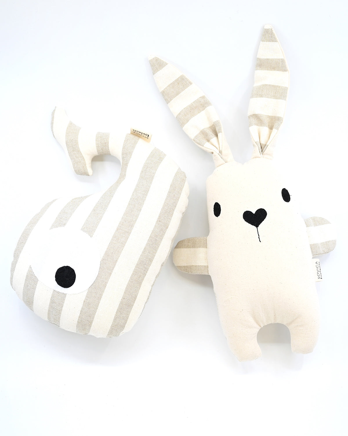 Sovica whale and rabbit soft toys made from cotton fabric, nautical stripes beige. Suitable for babies and children.