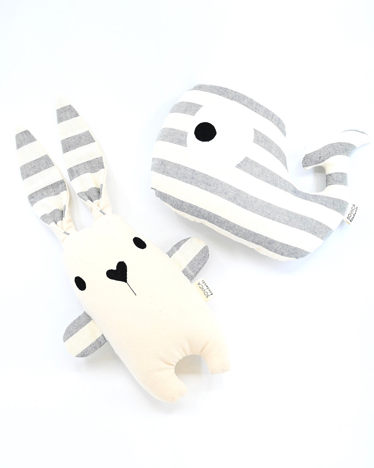 Sovica whale and rabbit soft toy made from cotton fabric, nautical stripes blue-grey. Suitable for babies and children.