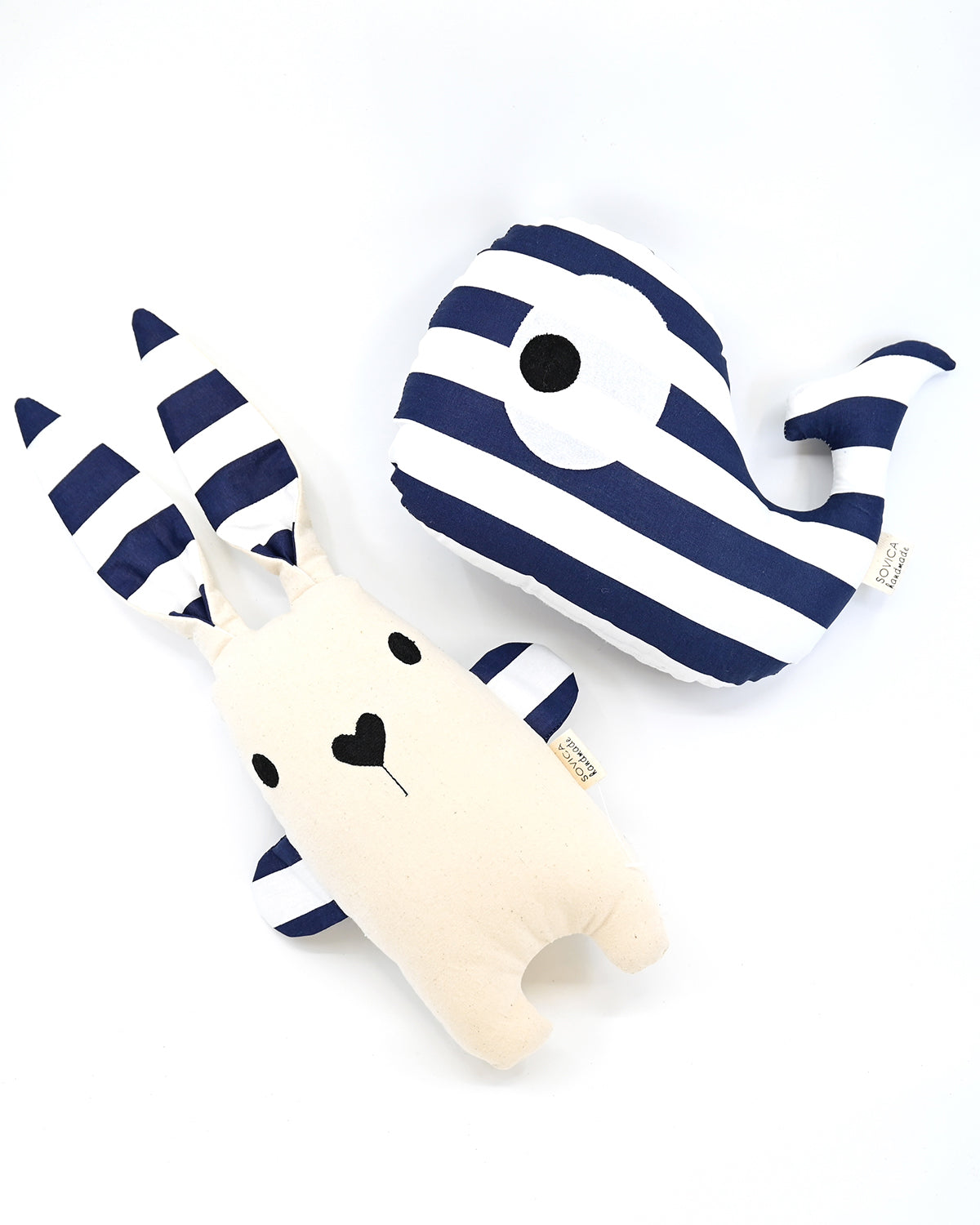 Sovica whale and rabbit soft toy made from cotton fabric, nautical stripes navy. Suitable for babies and children.