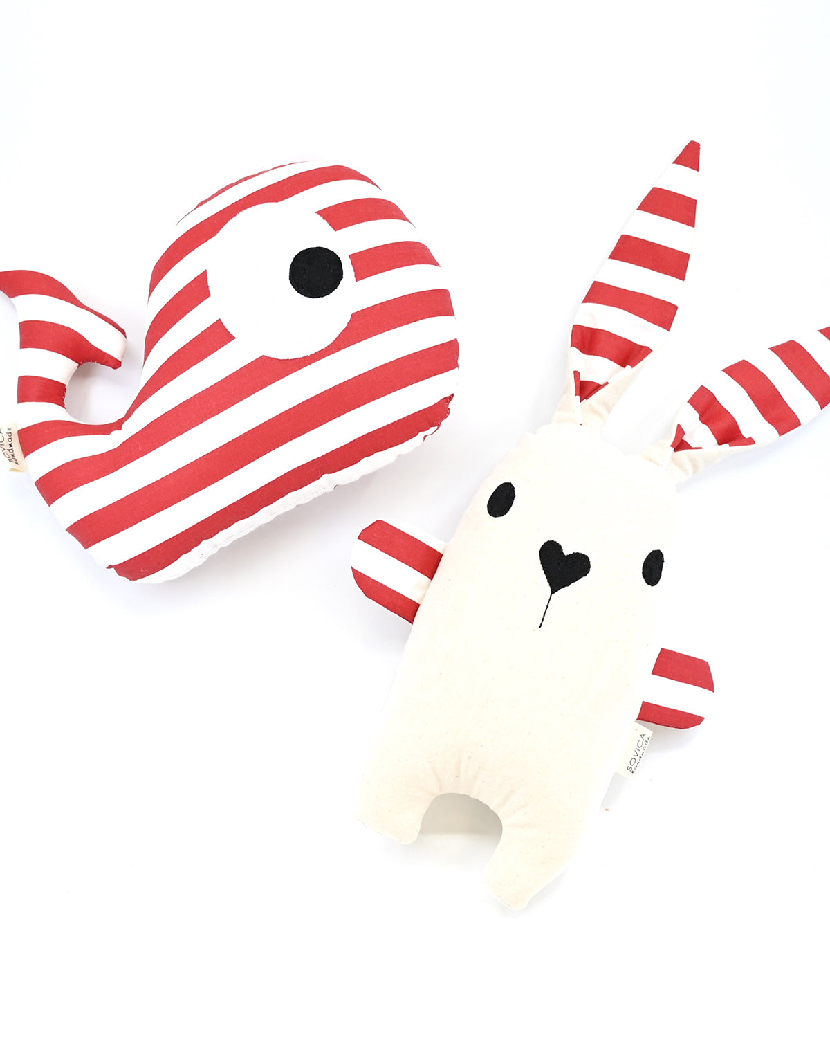 Sovica whale and rabbit soft toy made from cotton fabric, nautical stripes red. Suitable for babies and children.