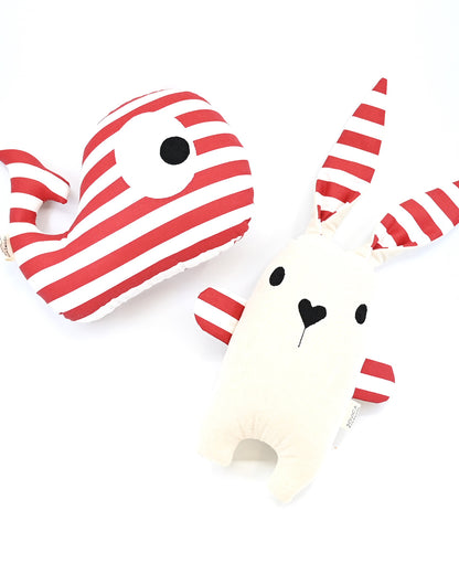 Sovica whale and rabbit soft toy made from cotton fabric, nautical stripes red. Suitable for babies and children.