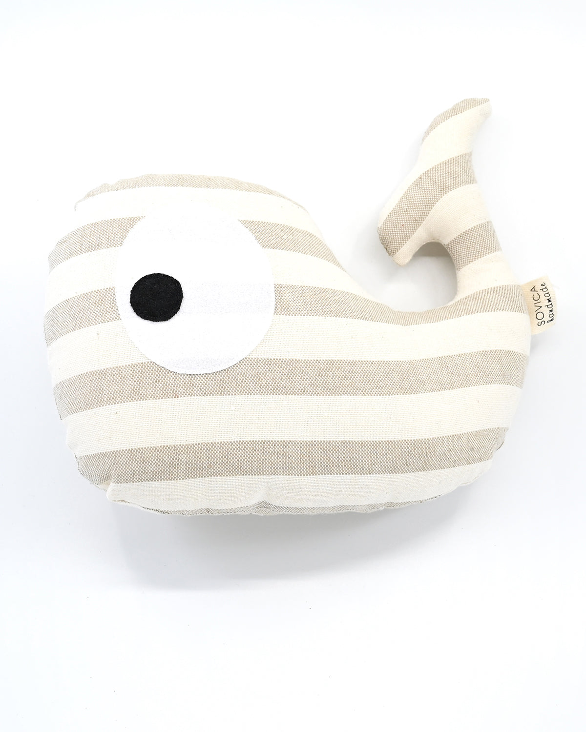 Sovica whale soft toy made from cotton fabric, nautical stripes beige. Suitable for babies and children.