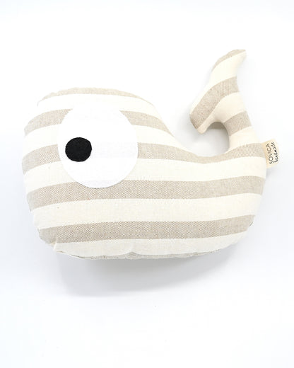 Sovica whale soft toy made from cotton fabric, nautical stripes beige. Suitable for babies and children.