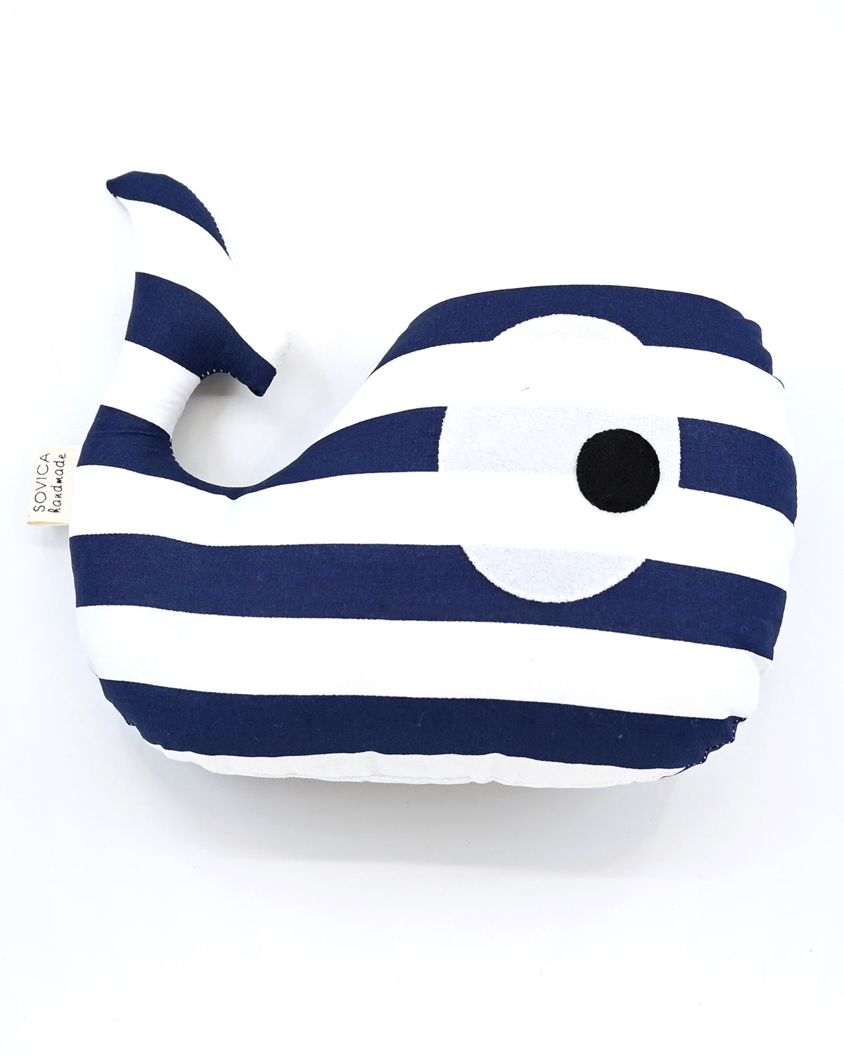 Sovica whale soft toy made from cotton fabric, nautical stripes navy. Suitable for babies and children.