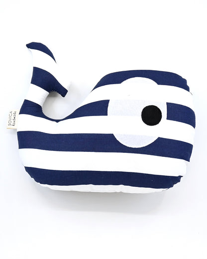 Sovica whale soft toy made from cotton fabric, nautical stripes navy. Suitable for babies and children.