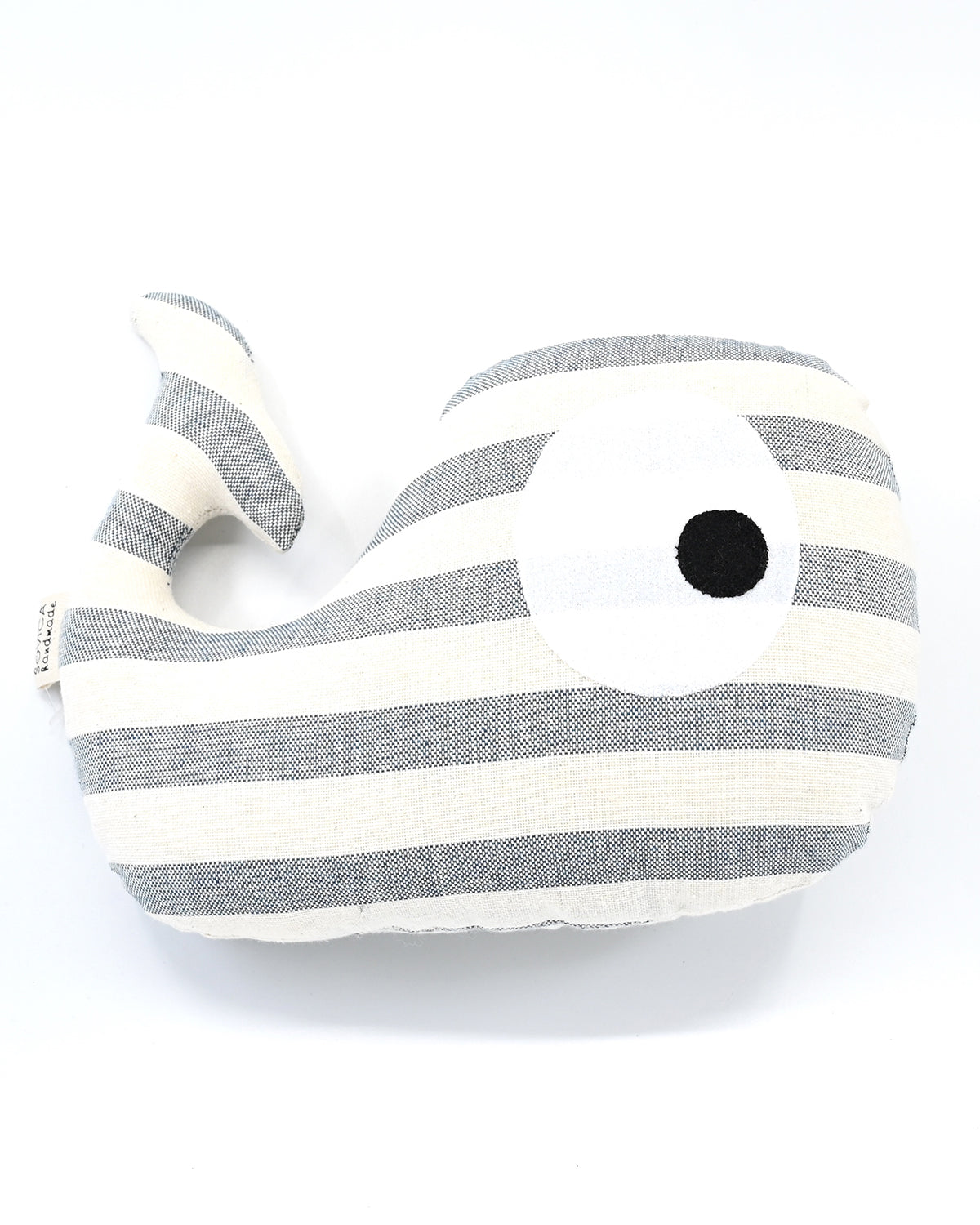Sovica whale soft toy made from cotton fabric, nautical stripes blue-grey. Suitable for babies and children.