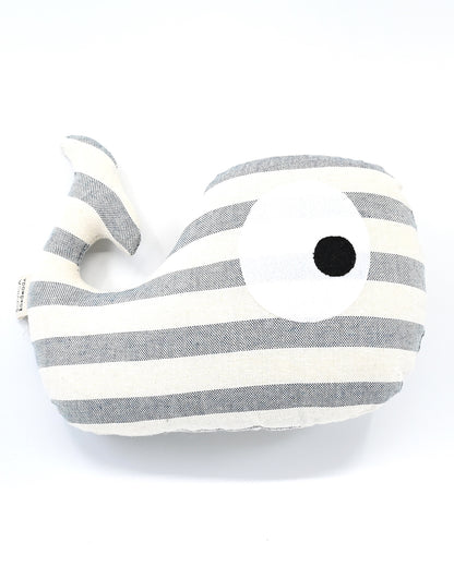 Sovica whale soft toy made from cotton fabric, nautical stripes blue-grey. Suitable for babies and children.