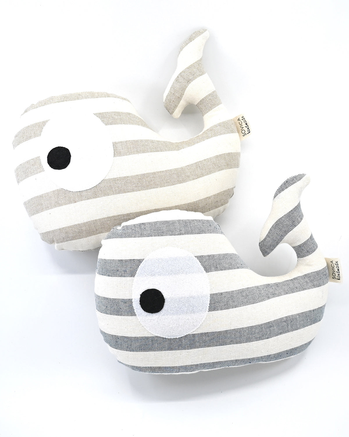Sovica whale soft toys made from cotton fabric, nautical stripes beige and blue-grey. Suitable for babies and children.