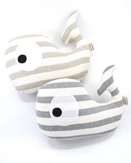 Sovica whale soft toys made from cotton fabric, nautical stripes beige and blue-grey. Suitable for babies and children.