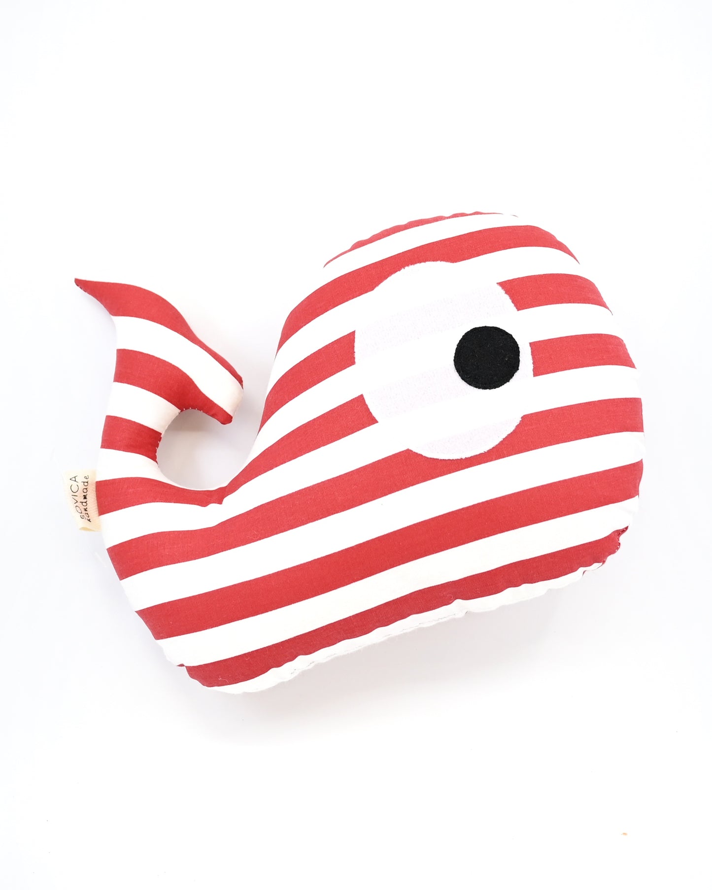 Sovica whale soft toy made from cotton fabric, nautical stripes red. Suitable for babies and children.